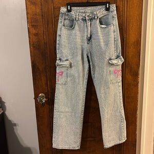 Hand Painted Pink Bows Shein Light Wash Cargo Jeans Size M